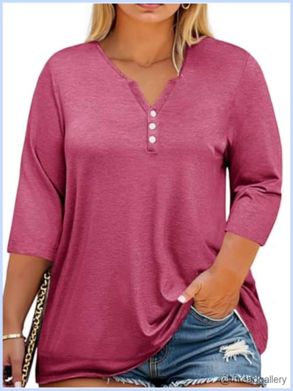 Plus Size Womens Henley Tunic Top 3/4 Sleeve V Neck Button Casual Loose Fit